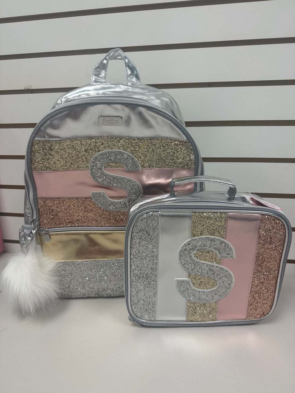 Justice Girls Glitter Stripe Initial S Backpack & Lunch Box NWT